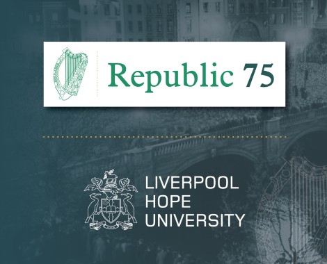 Liverpool Hope Logo and Republic 75 conference logo on a green background.